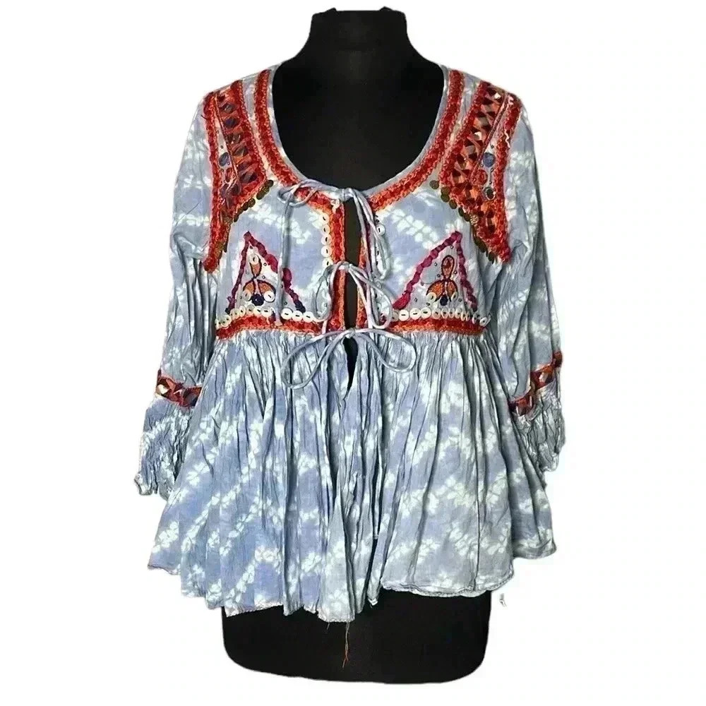 Raga Boho Embellished Baby Doll Blouse Size M
